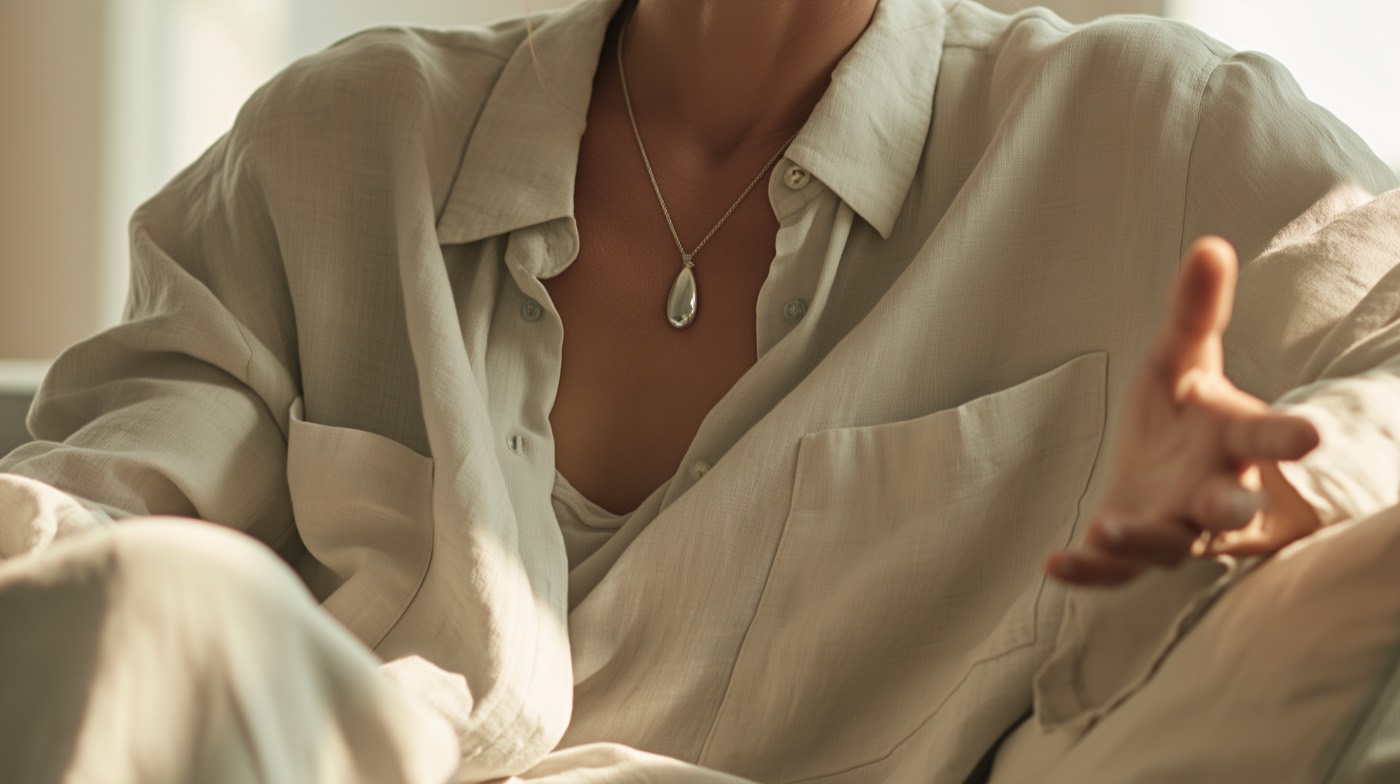 The Verda pendant, a smooth teardrop on a fine chain, worn over a linen shirt.